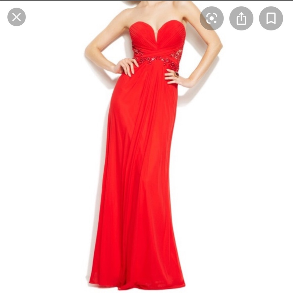 Red strapless prom dress